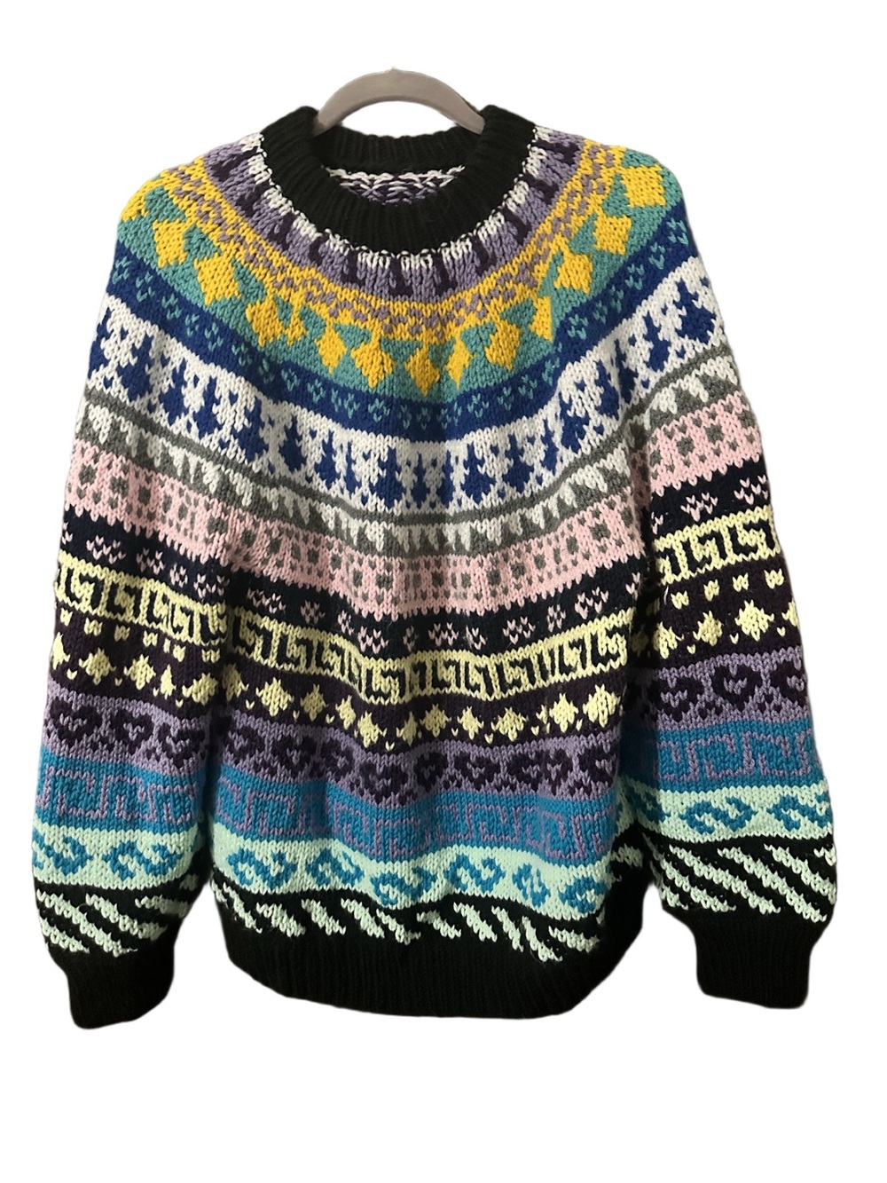 Handmade Multicolour Fair Isle Crewneck Knit Sweater Size Large Cottagecore Cozy